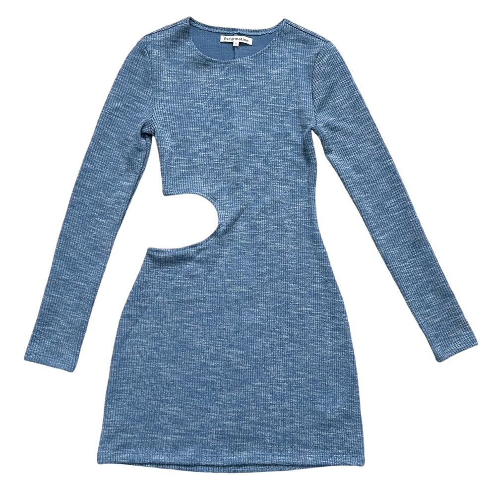 Reformation Tracey Ribbed Knit Deep Sky Blue Cut Out Long Sleeve Mini Dress XS